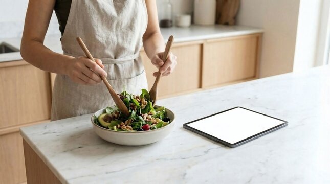 Woman Preparing Healthy Salad Next to Blank Screen Digital Tablet for Nutrition App Mockup Concept