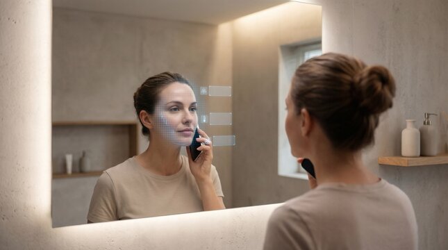 Woman Using Smartphone and Smart Mirror with Biometric HUD for IoT Home Automation and Digital Lifestyle Concept