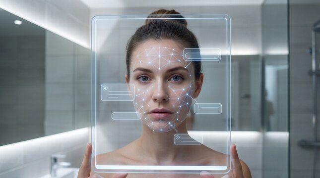 Woman Holding Transparent Tablet with Facial Recognition HUD for Augmented Reality and Biometric Security Concept