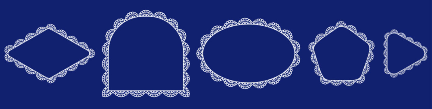 White bold eyelet scallop lace borders outline diamond, arch, oval, pentagon plus triangle frames on navy as classic vintage cutwork trim for wedding invitations or cottagecore craft label cards.