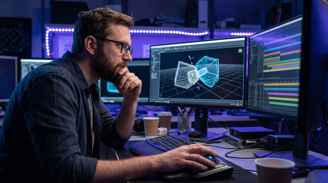 Male 3d animator working on video game editing screens