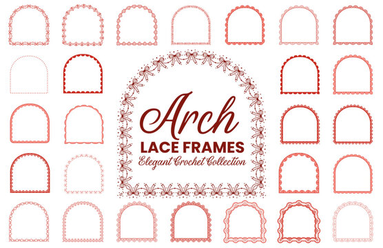 Red arched lace frame set with scalloped crochet borders, ribbon bow trims, heart eyelets, pearl dots on white background for valentine cards, wedding invitations, printable craft stationery labels.