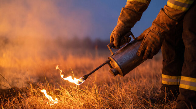 Wildland firefighter igniting field during prescribed fire operation