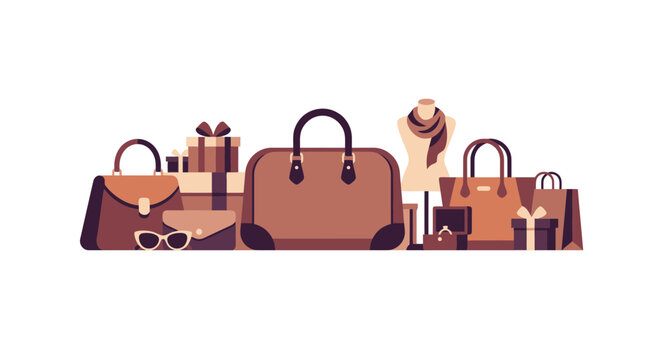 Fashion Accessories and Luxury Handbags Flat Vector Illustration