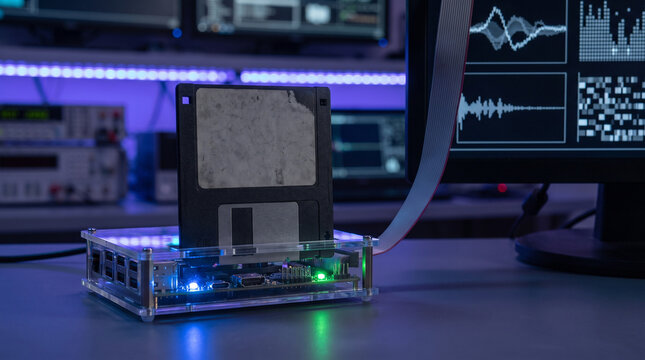 Vintage floppy disk connected to modern electronic reader device