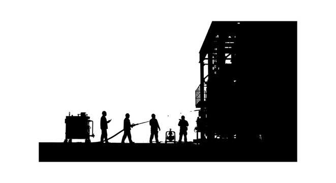 Silhouette of workers using a pressure washer to clean a large industrial building structure isolated on transparent background, Vector
