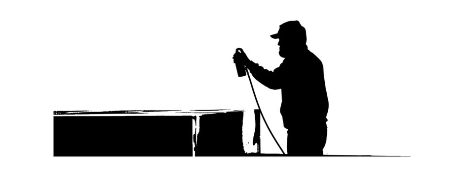 Silhouette of a man using a handheld spray gun tool to paint or coat a rectangular object in a workshop isolated on transparent background, Vector