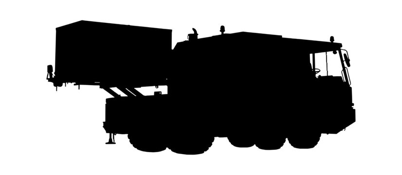 Black silhouette of a military cargo truck with a container box on the back isolated on transparent background, Vector