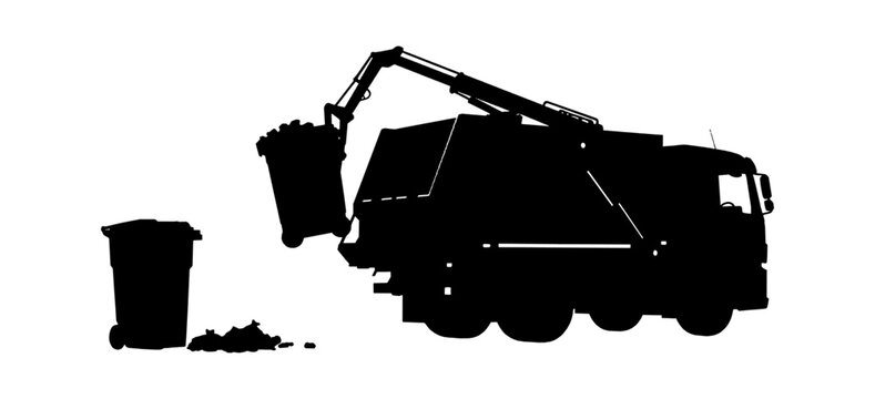 Black silhouette of a garbage truck lifting a trash bin for waste collection and recycling service isolated on transparent background, Vector