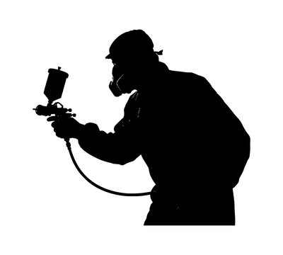 Black silhouette of a professional painter wearing a protective safety mask and holding a spray gun tool for industrial painting work isolated on transparent background, Vector