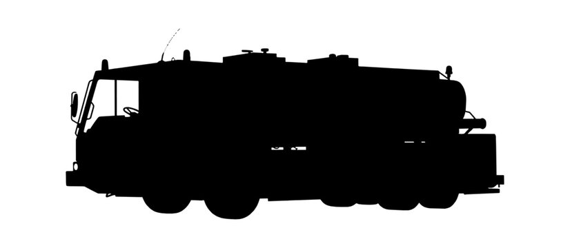 Black silhouette of a large fire engine truck for emergency response isolated on transparent background, Vector