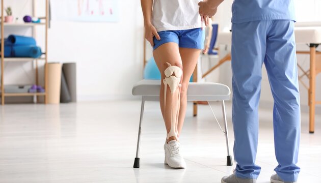 Physiotherapist Explaining Knee Anatomy to Patient with Skeletal Model in Clinic