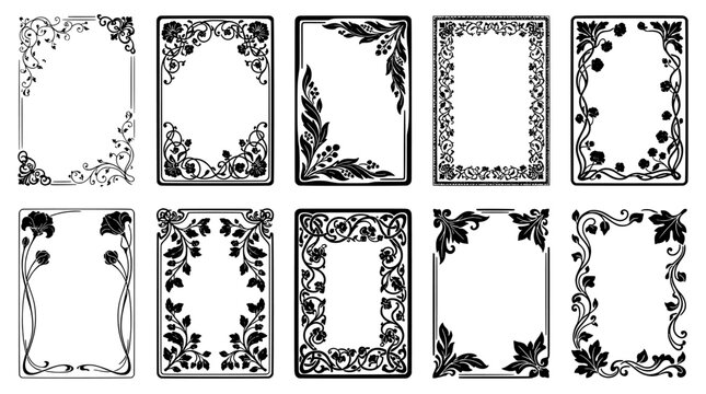Set of ten decorative art nouveau floral frames with botanical ornaments in black and white silhouette style.