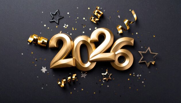 New Year 2026 golden numbers with sparkling gold confetti and ribbons on an elegant dark background.