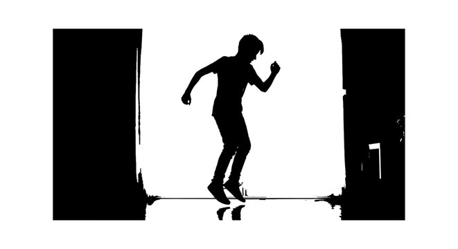 Silhouette of a young boy jumping and dancing with energy isolated on transparent background, Vector