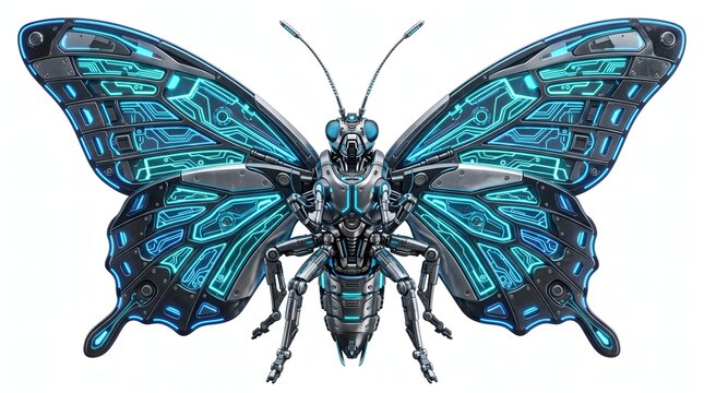 Mechanical butterfly robot insect technology futuristic design artificial intelligence concept art on transparent background
