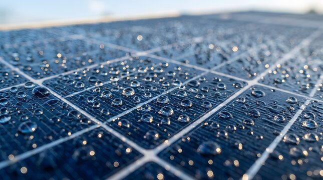 Solar panel surface with water droplets in sunlight