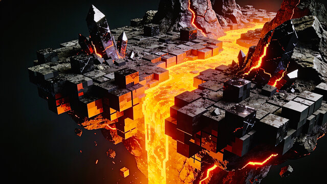 Isometric 3D render of a floating dangerous voxel island made of dark cubic blocks with flowing rivers of molten orange lava