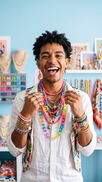 Joyful male jewelry designer wearing vibrant layered necklaces and bracelets in a creative studio