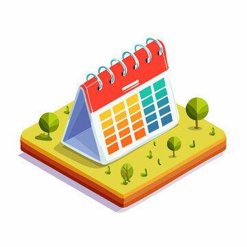Isometric calendar on a grassy platform with small trees and a colorful grid of dates