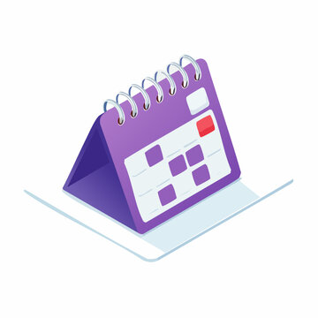 Purple desk calendar with spiral binding on a white surface showing a grid of days