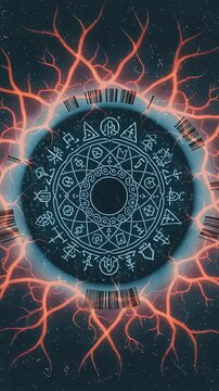Glowing electronic target with ancient symbols and barcode elements representing digital brainwashing. Abstract mind control concept with pulsating orange neural nets. Vertical video
