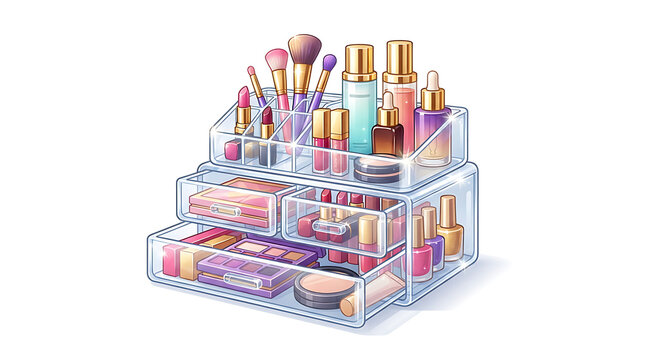 Premium cartoon-style 3D vector illustration of a single transparent makeup organizer box with colorful beauty products inside