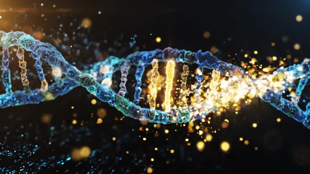 Abstract DNA double helix rotating with shimmering golden light highlighting specific genetic segments for precision medicine and biotechnology