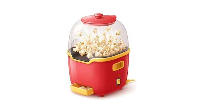 Premium cartoon-style 3D vector illustration of a single home popcorn machine, cute rounded design, transparent popcorn chamber