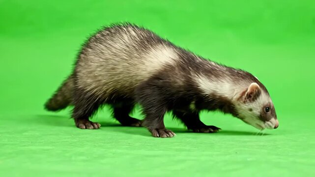 Active domestic ferret walking across a bright green screen background while sniffing the air and exploring with curiosity