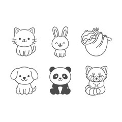 Obraz premium Cute kawaii animals doodle icon set with black bold outline featuring cat bunny sloth puppy panda bear and red panda