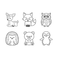 Cute kawaii woodland animals doodle icon set with black bold outline featuring deer fox owl hedgehog bear cub and penguin © YusmelyJaquelin