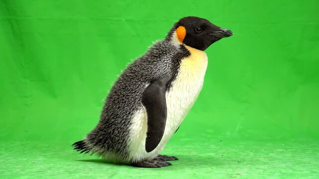 Adorable emperor penguin waddling in a seamless loop cycle isolated on a bright green screen background for easy keying and compositing
