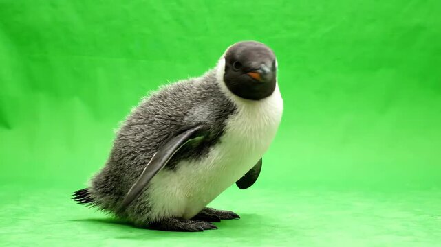 Adorable fluffy baby penguin waddling across a bright green screen background while flapping its tiny wings and looking around curiously