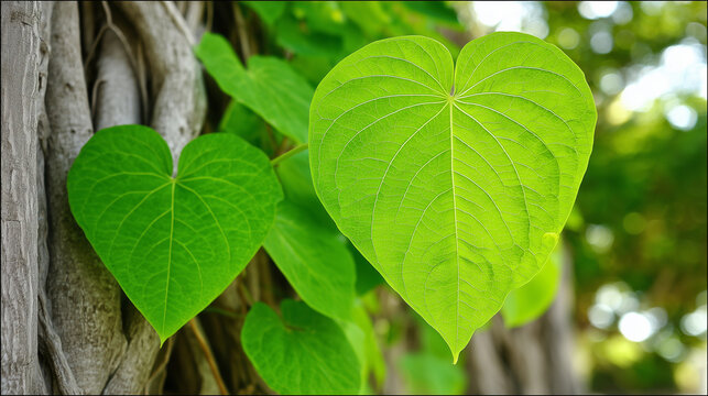 Close shot of a kava plant bearing heart-shaped foliage and textured roots.