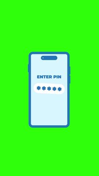 Vertical 4K video. Loop animation. Smartphone gets locked and turns into red lock after entering wrong PIN code on green screen. Login panel in simple style. Virtual privacy, web safety, bank access