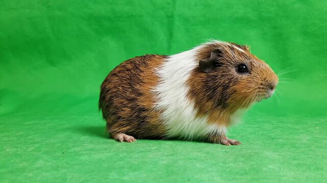Adorable brown and white guinea pig walking across a bright green screen background for chroma key compositing