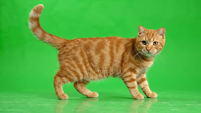 Adorable ginger tabby cat walking slowly across a bright chroma key green background while twitching its tail and looking forward
