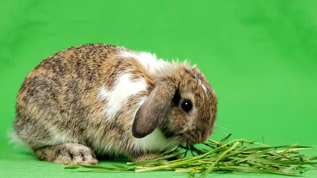 Adorable domestic rabbit chewing grass while sitting in front of a professional green screen chroma key background for easy masking