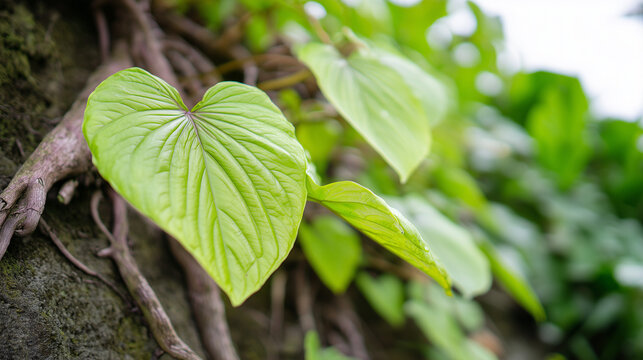Close shot of a kava plant bearing heart-shaped foliage and textured roots.