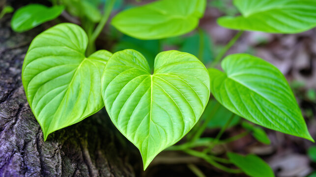 Close shot of a kava plant bearing heart-shaped foliage and textured roots.
