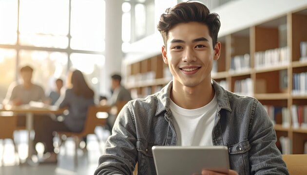 Smiling young man holding a tablet in a bright university library setting