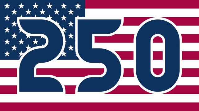 Horizontal 4K video. Animation with text USA 250 on American flag background. 250 anniversary logo reveal featuring red, white and blue styling. Concept of Independence Day celebrations, 4th of July