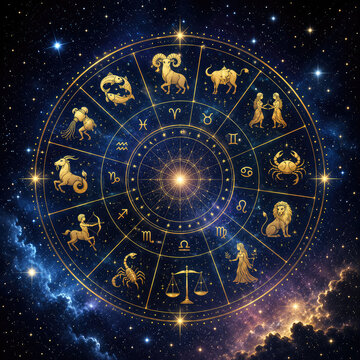 Golden Zodiac Wheel With Twelve Astrology Signs in Starry Universe