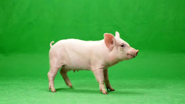 Adorable pink piglet jumping and playing on a bright green screen background for keying and professional compositing