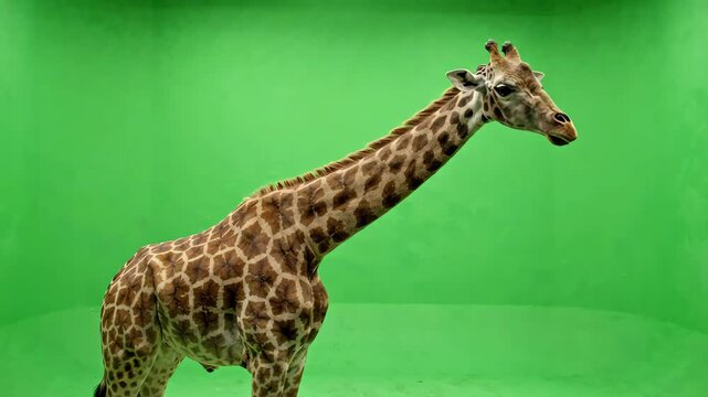 Adult giraffe standing against a green screen while chewing and slowly moving its long neck and head in a studio environment