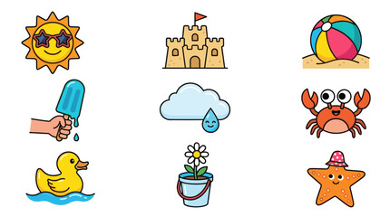 Fototapeta premium Summer beach icons with sun, crab, and sandcastle.