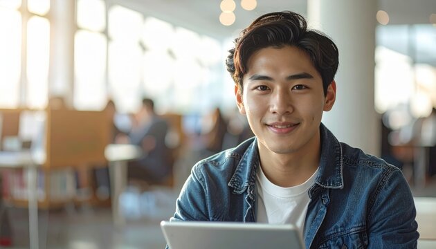 Young man smiling while using a digital tablet in a bright modern office