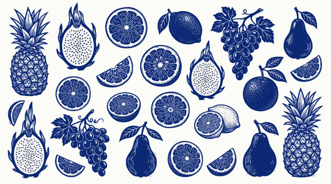 Stippled monochromatic blue fruit illustration set.