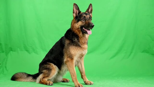 Alert German Shepherd dog sitting and looking around on a professional chroma key green screen background for video editing
